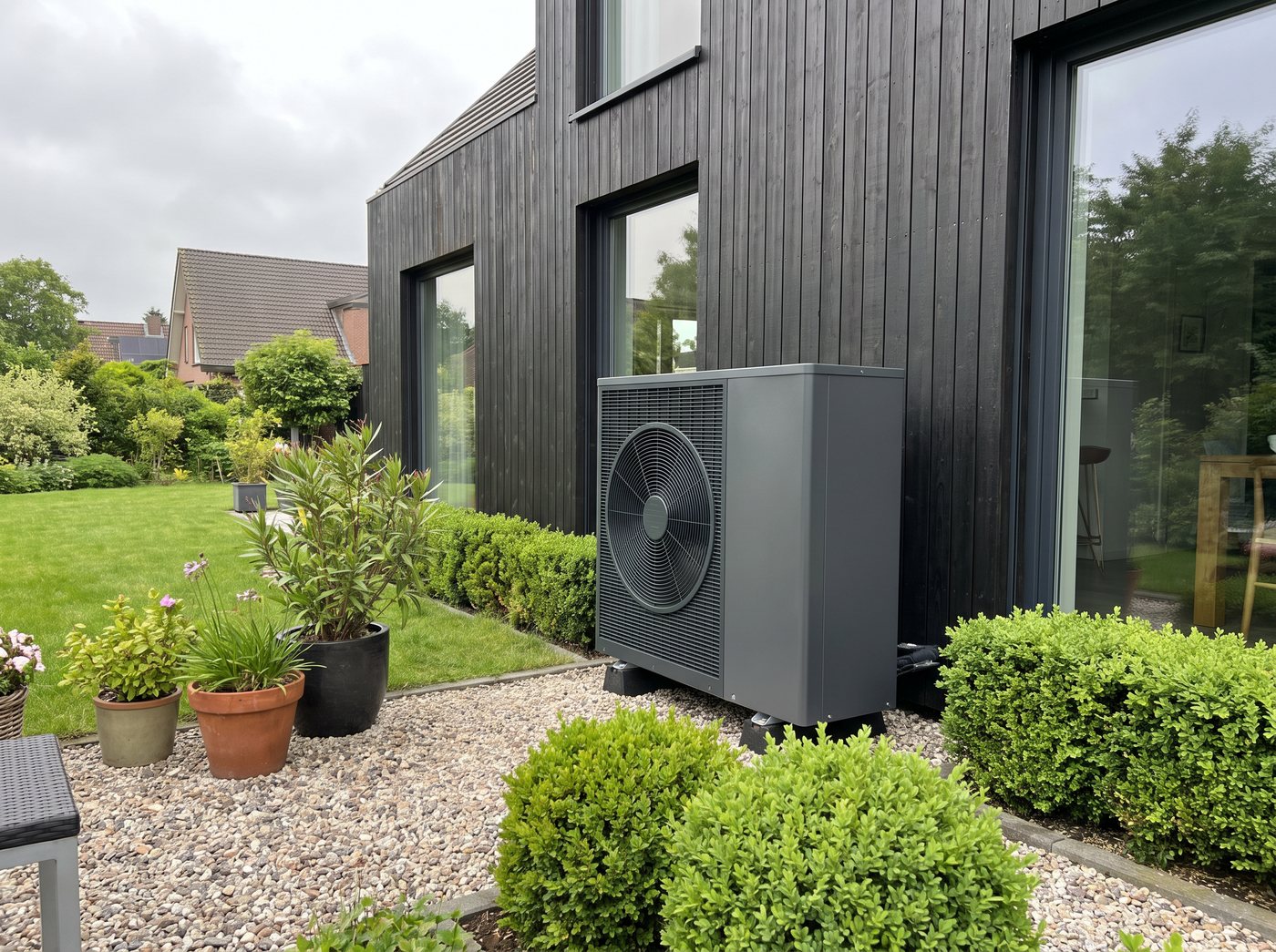 Moderne Wärmepumpe an einem sanierten Wohnhaus